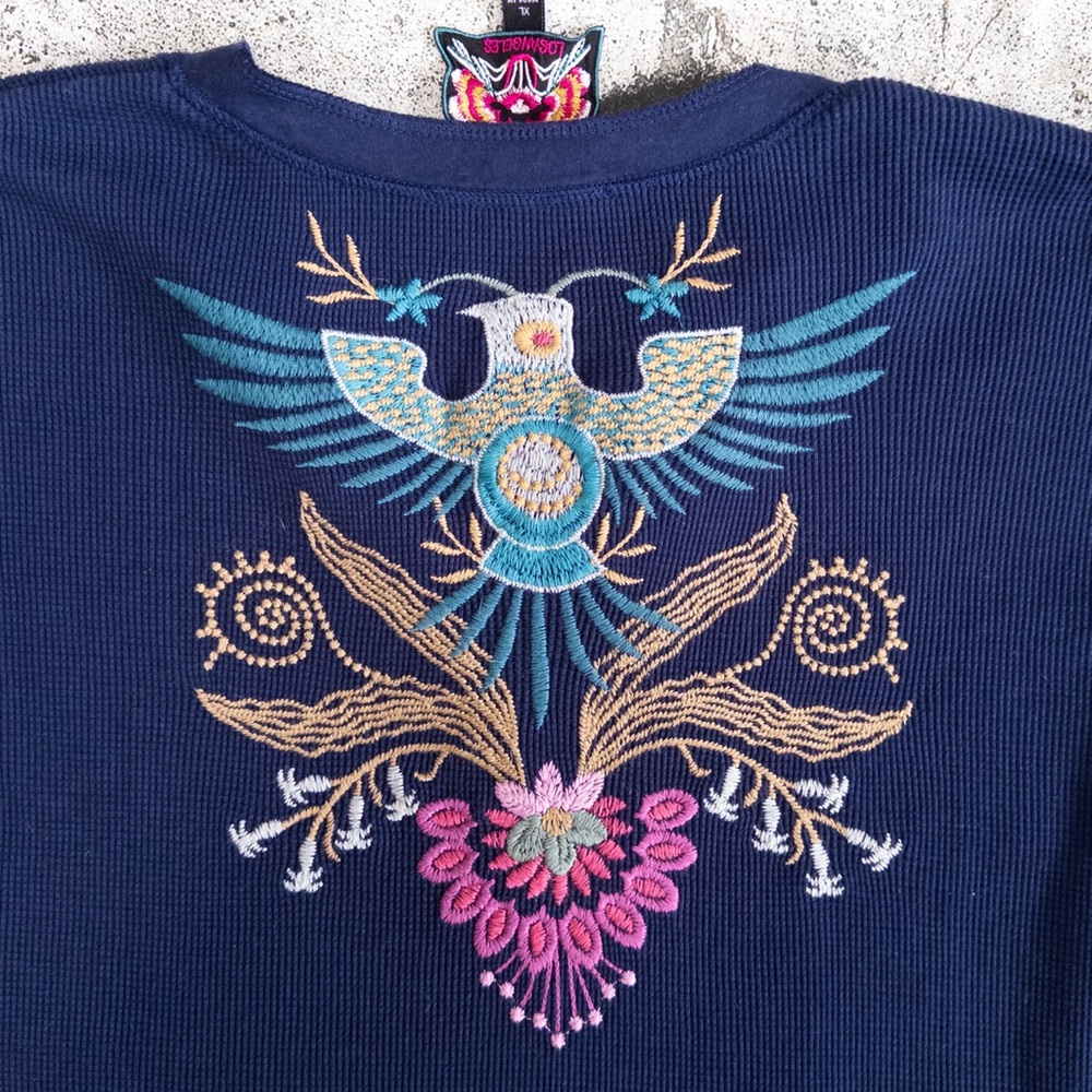 Johnny Was Sisa Navy Floral Embroidered Thermal Waffle Knit‎ Henley Top, XL - Picture 7 of 9
